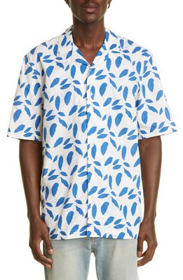 Sunspel Leaf Print Cotton Button-Up Shirt in Ecru/Klein Leaf