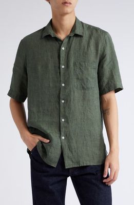 Sunspel Short Sleeve Linen Button-Up Shirt in Hunter Green