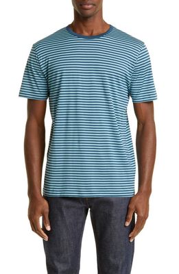 Sunspel Stripe Crewneck Supima Cotton T-Shirt in Teal/Storm Blue Stripe