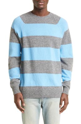 Sunspel Stripe Lambswool Crewneck Sweater in Cyan Blue/Grey