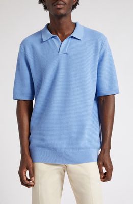 Sunspel Textured Johnny Collar Polo Sweater in Cool Blue