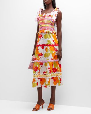 Sunstone Floral Tie-Strap Ric Rac Midi Dress