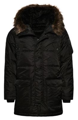 Superdry Channel Quilted Parka with Faux Fur Trim in Jet Black