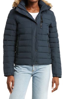Superdry Classic Fuji Puffer Jacket with Faux Fur Trim in 98T-Eclipse Navy