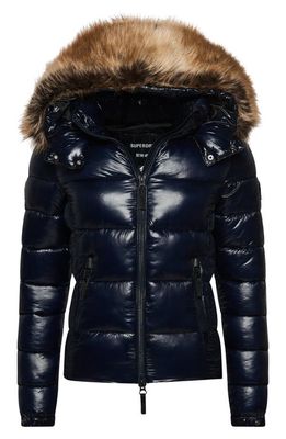 Superdry Code Mountain Fuji Puffer Jacket with Faux Fur Trim in Eclipse Navy