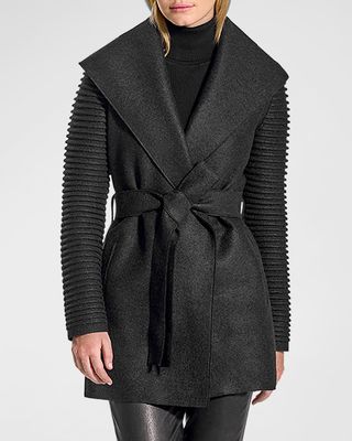 Superfine Alpaca Ribbed Long-Sleeve Oversized-Collar Wrap Coat