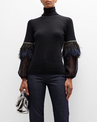 Superfine Cashmere Sweater with Chiffon Feather Sleeves