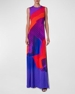 Superimposition-Print Sleeveless Slit-Hem Silk Crepe Gown