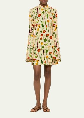 Sur Floral Silk Bell-Sleeve Open-Back Mini Dress