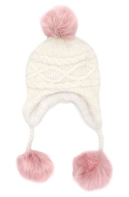 SURELL Kids' Fleece Lined Cable Knit Beanie with Faux Fur Pompoms in White/Dusty Rose
