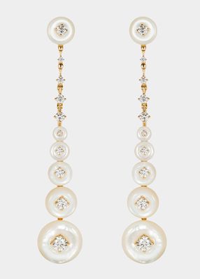 Surrounding Long Earrings in Yellow Gold, Diamonds and Mother-of-Pearl