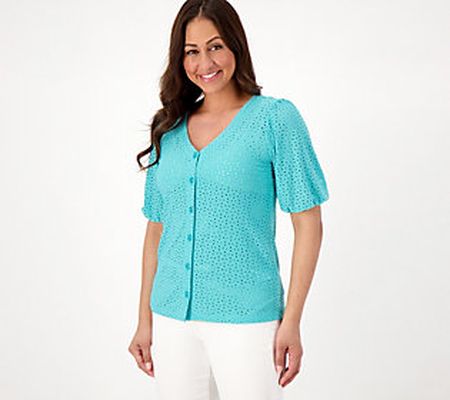 Susan Graver Eyelet Knit Button-Front Top with Blouson Sleeves