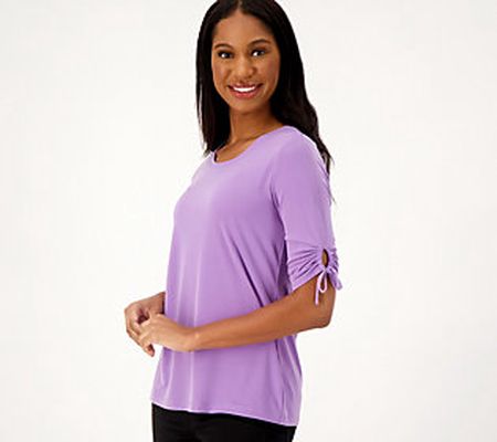 Susan Graver Liquid Knit Ruched Elbow-Sleeve Top with Ties