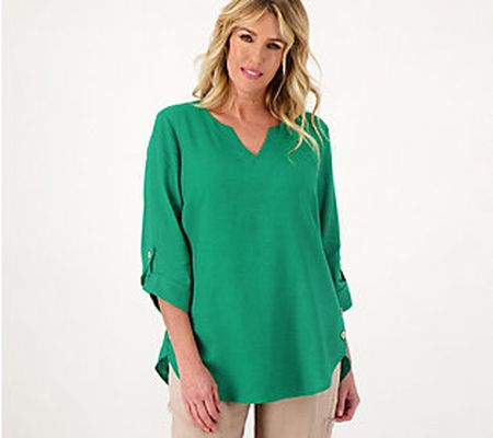 Susan Graver Petite PURE Linen Blend Split-Neck Tunic