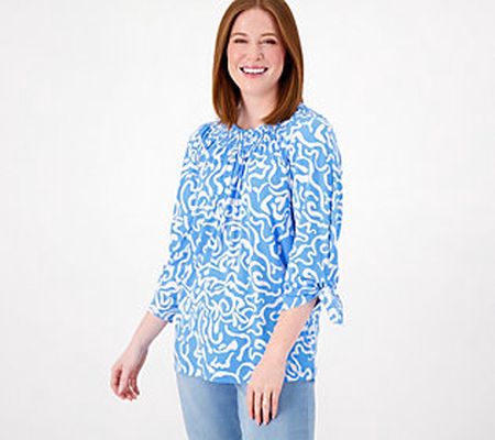 Susan Graver Printed Liquid Knit Smock-Neck 3/4 Sleeve Top