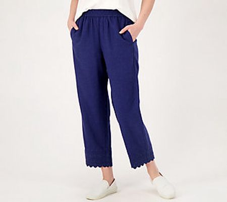 Susan Graver PURE Linen Reg Crop Embroidered Pull-On Pants