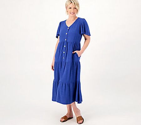 Susan Graver Reg PURE Linen Blend Tiered Button Front Dress