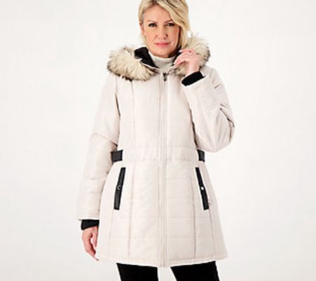 Susan Graver Water Resistant Puffer Coat w Faux Leather Detail