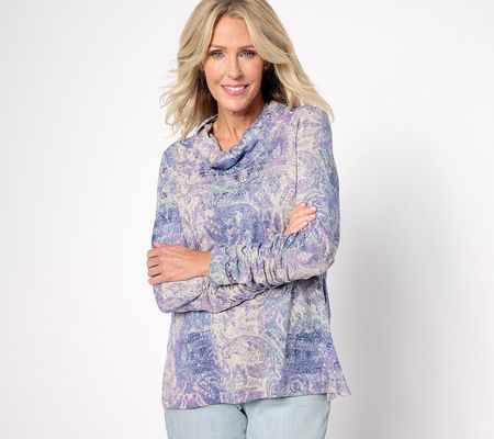 Susan Graver Weekend Printed Sweater Knit Cowl Neck Top