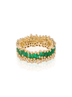 Suzanne Kalan 18kt yellow gold Princess emerald and diamond ring - GREEN