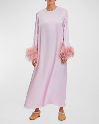 Suzi Feather-Trim Long-Sleeve Maxi Nightgown