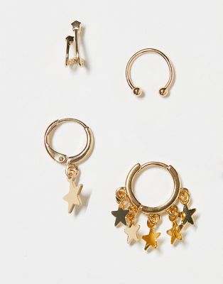 SVNX 4 pack earrings with star details with huggie and ear cuffs-Gold
