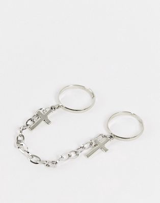 SVNX double chain ring with cross details-Silver