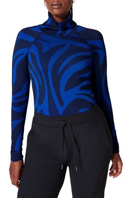 Sweaty Betty Animal Funnel Neck Base Layer Top in Blue Animal Flow Jacquard