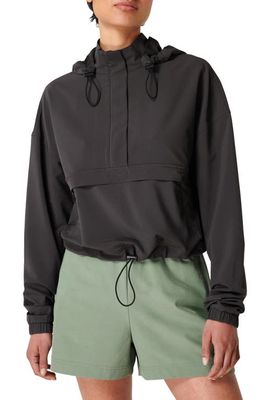Sweaty Betty Crop Woven Track Jacket with Removable Hood in Dark Grey