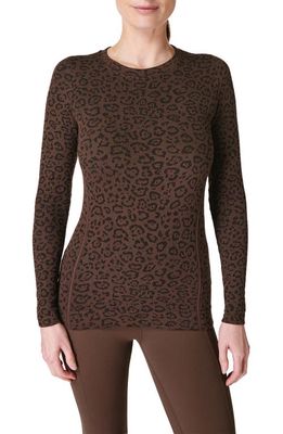 Sweaty Betty Glisten Leopard Print Long Sleeve Top in Brown Leopard Markings Print
