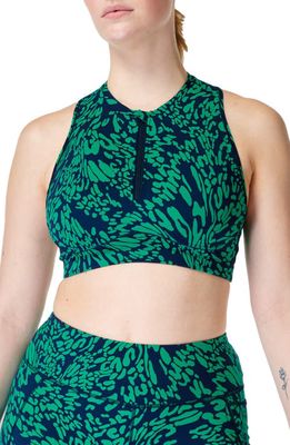 Sweaty Betty Power Contour Quarter Zip Sports Bra in Green Butterfly Print