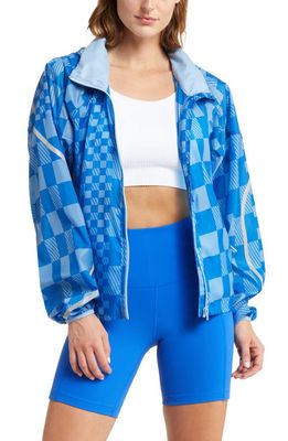 Sweaty Betty Reflective Water Resistant Pack Away Jacket in Blue Textural Shift Print