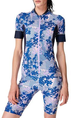 Sweaty Betty Short Sleeve Cycling Jersey in Blue Floral Grid Print