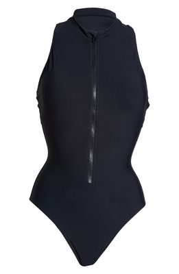 Sweaty Betty Vista High Neck Zip-Up One-Piece Swimsuit in Black A