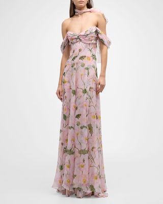 Sweetheart Strapless Painted Poppies-Print Neck-Scarf Gown