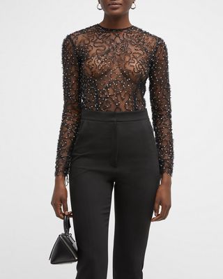 Swirl Embroidered Polka-Dot Tulle Top