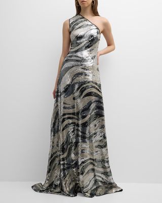 Swirly Sequin One-Shoulder A-Line Gown