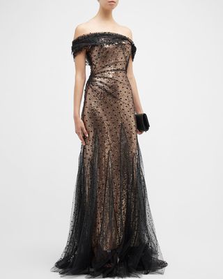 Swiss Dot Overlay Off-The-Shoulder Sequin Gown