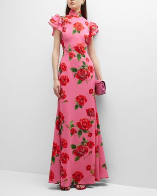 Sylvie Mandarin-Collar Floral Chiffon Maxi Dress