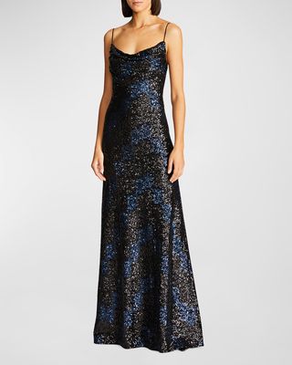 Syrena Cowl-Neck Wave Sequin Gown