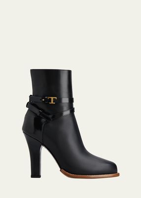 T Medallion Strap Leather Booties