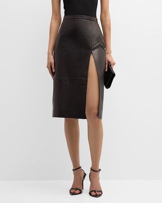 Tabitha Side-Slit Leather Midi Skirt