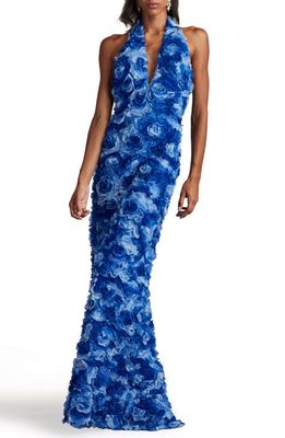 Tadashi Shoji 3-D Floral Halter Neck Gown in Mystic Blue