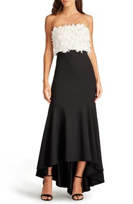 Tadashi Shoji 3-D Floral Strapless High-Low Crepe Gown in Ivory/Black