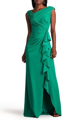 Tadashi Shoji Asymmetric Neck Side Ruffle Fit & Flare Gown in Aloe Green