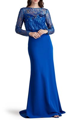 Tadashi Shoji Blouson Sequin Long Sleeve Gown in Mystic Blue