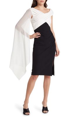 Tadashi Shoji Cape Long Sleeve Crepe Body-Con Dress in Ivory/Black