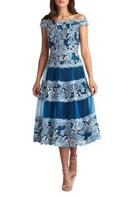 Tadashi Shoji Embroidered Floral Lace Pleated Off the Shoulder Dress in Pacific Blue