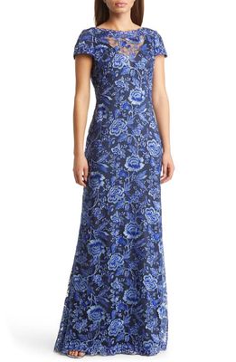 Tadashi Shoji Embroidered Lace Evening Gown in Blue Violet/Navy