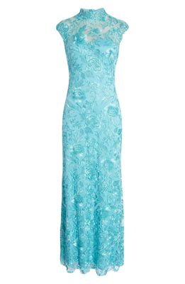 Tadashi Shoji Embroidered Lace Mock Neck Gown in Frosted Jade